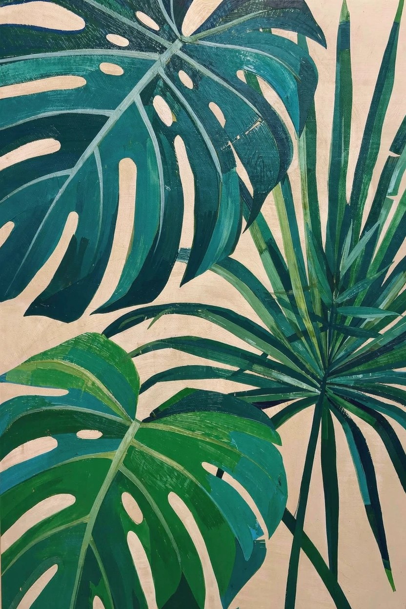 Acrylic painting of two large green Monstera leaves overlapping with green palm fronds on a beige background.