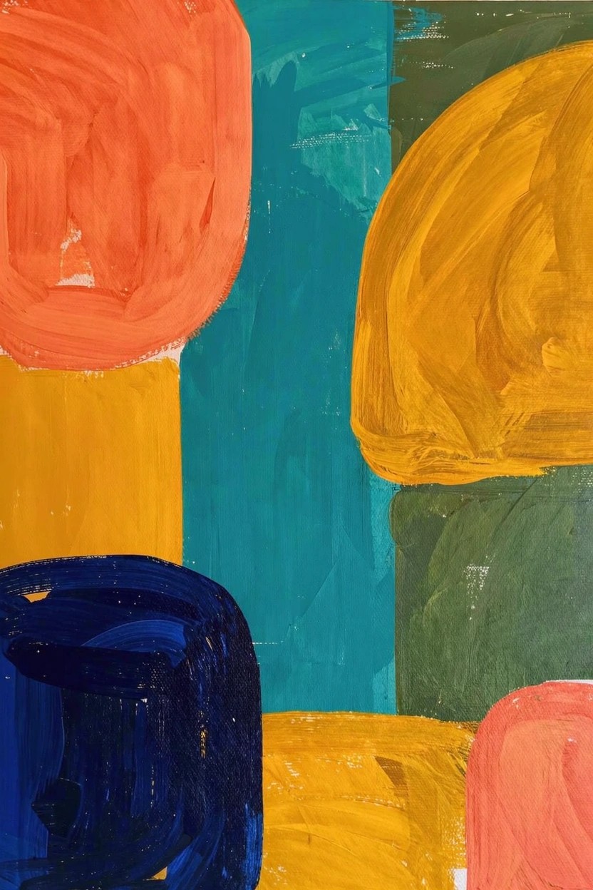 Abstract acrylic painting with overlapping orange, yellow, teal, green, and blue rounded shapes and color blocks.