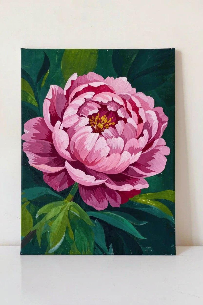 Acrylic painting of a detailed pink peony flower with yellow center and green leaves on a dark green rectangular canvas.