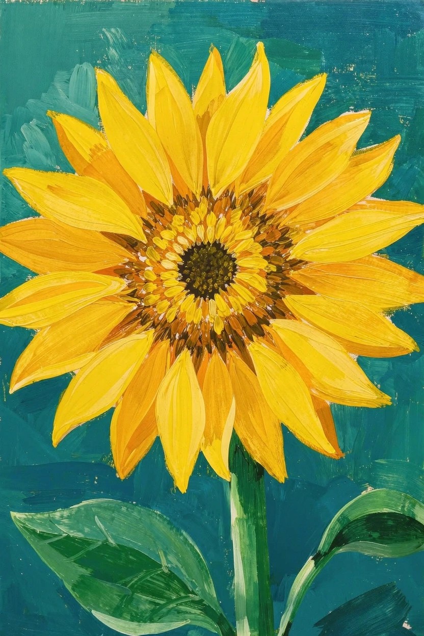 Acrylic painting of a large yellow sunflower with dark center, green stem, and leaves against a teal background.