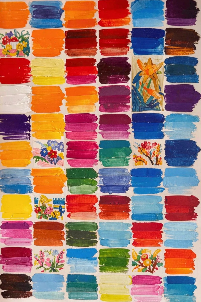 Grid of bold acrylic color swatches in various hues with simple flowers in the white spaces between them.