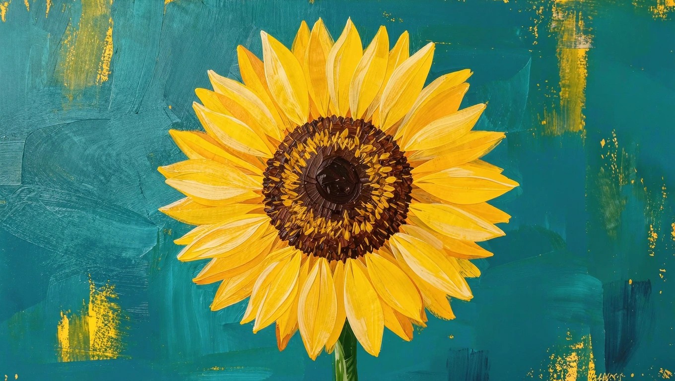 Acrylic painting of a large yellow sunflower with dark center, green stem, and leaves against a teal background.