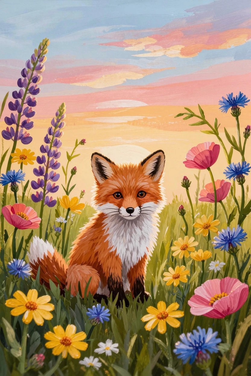 A cute red fox with white chest fur sits in a colorful wildflower meadow under a pink-orange sunset sky.