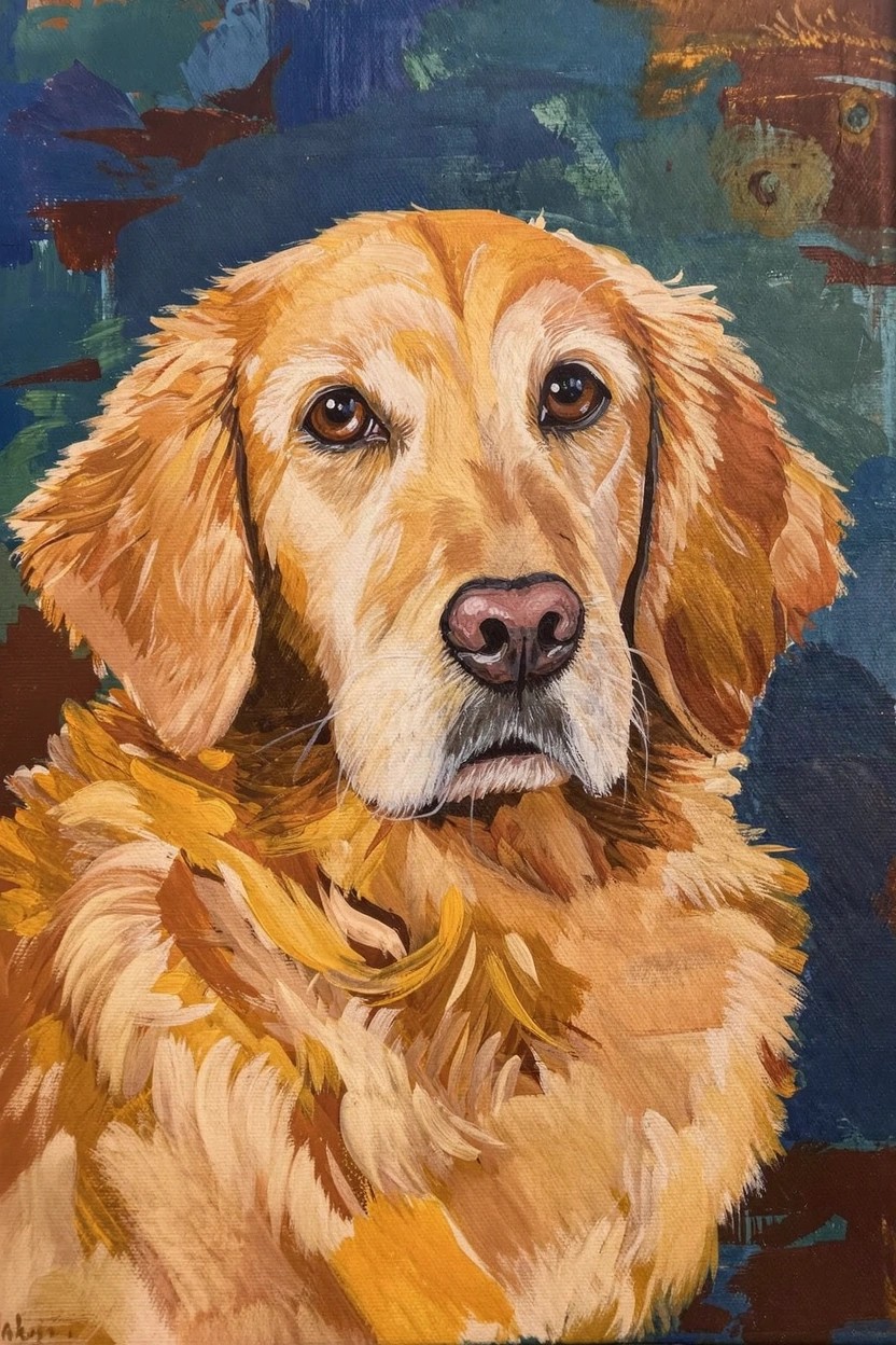 Acrylic portrait of a golden retriever dog facing forward with detailed golden fur, black nose, and expressive eyes against a teal and orange abstract background.