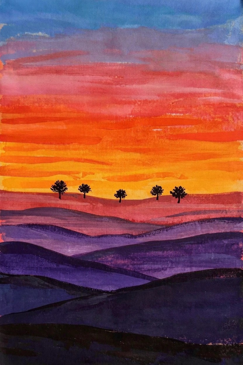Acrylic painting of stacked purple hills under a gradient orange-to-purple sunset sky with four black silhouetted trees in the foreground.