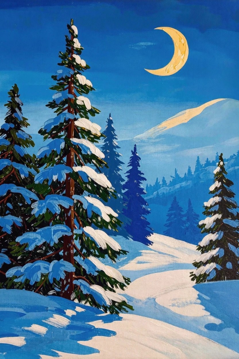 Vertical acrylic painting of snow-covered pine trees, a snowy path, crescent moon, and distant mountains in a deep blue night sky.