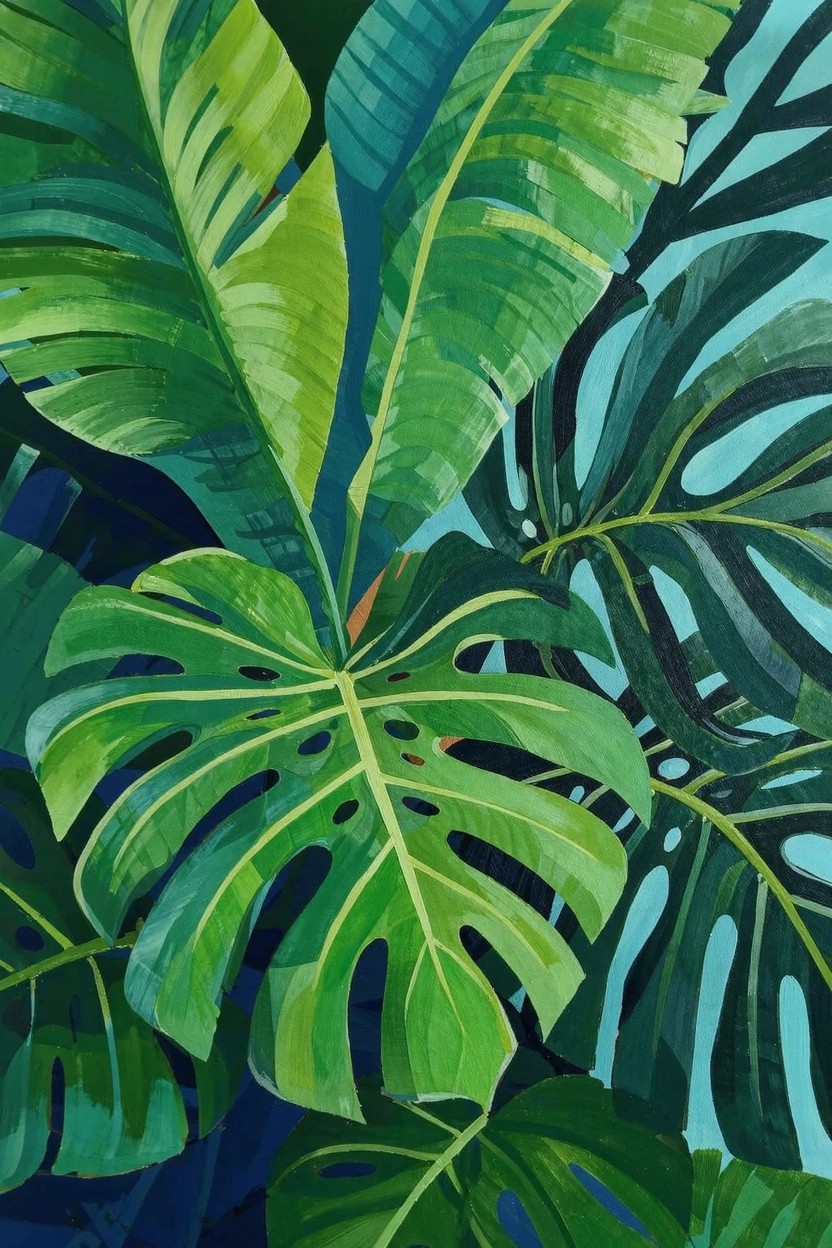 Acrylic painting of overlapping vibrant green monstera and banana leaves on a dark teal background.