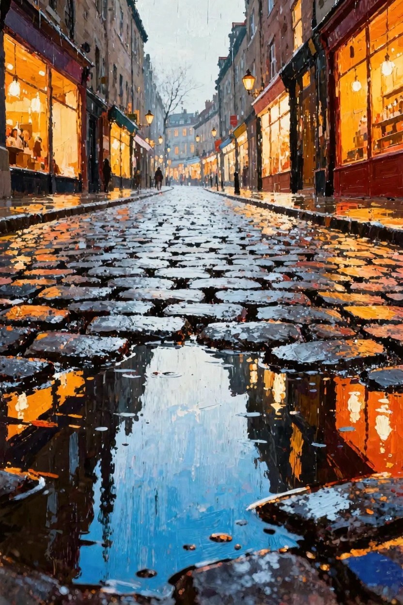 Painterly acrylic of a wet cobblestone alley at dusk with warm shop window lights reflecting in puddles.