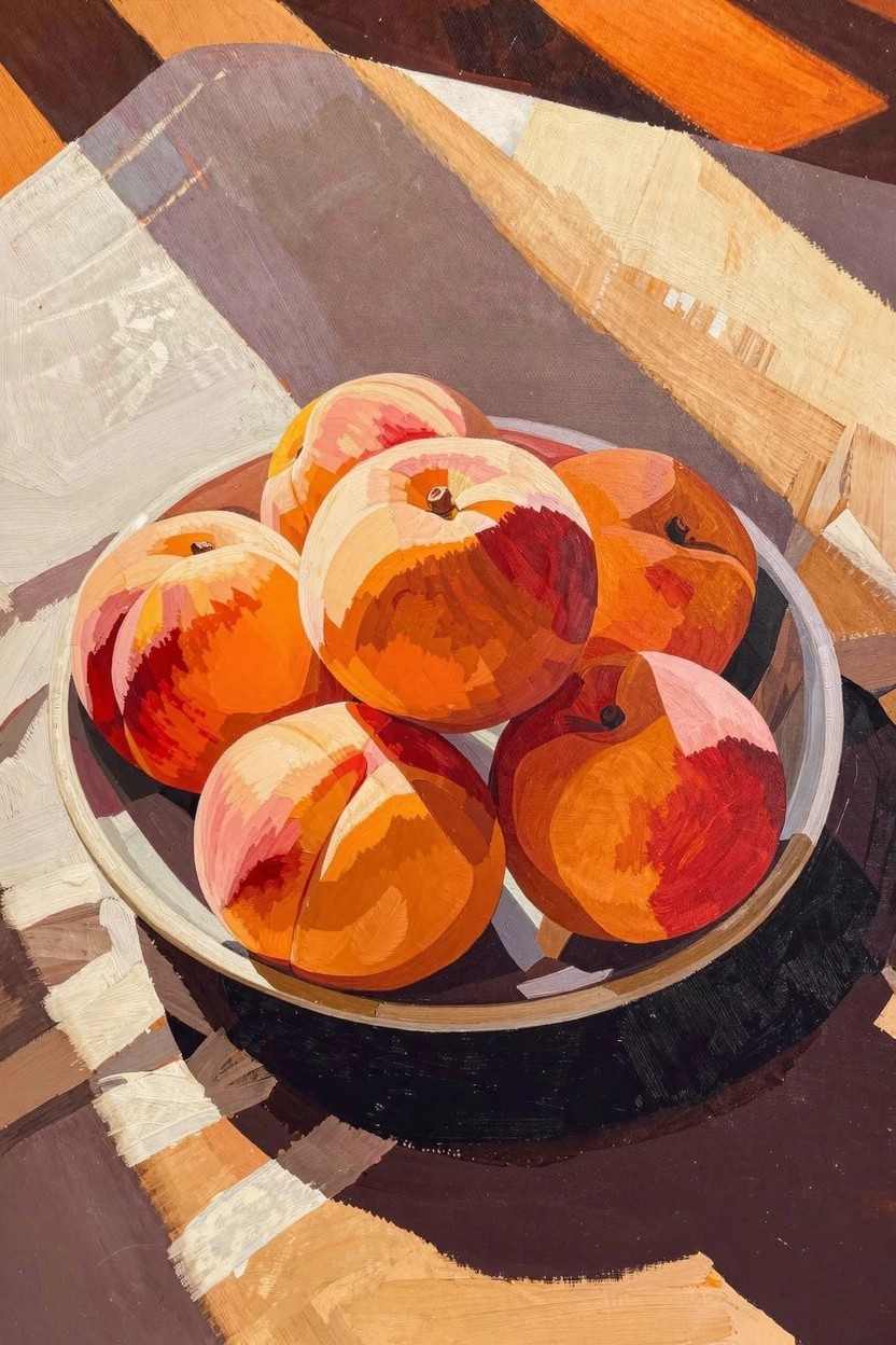 Acrylic painting of five ripe peaches in a white dish on a colorful striped abstract background.