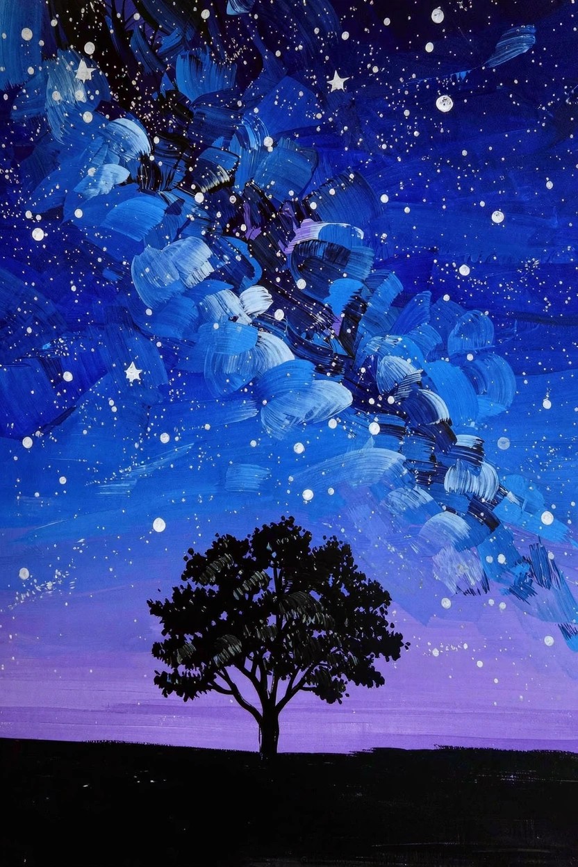 Vertical acrylic painting of a dark tree silhouette on purple ground beneath a starry blue night sky with swirling galaxy in whites and blues.