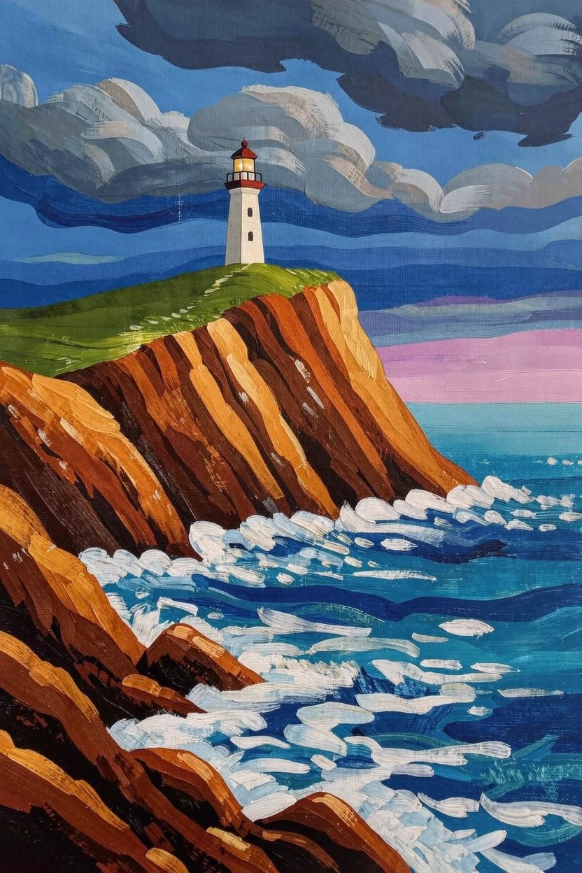 Acrylic painting of a white lighthouse with red top on green hilltop above orange cliffs crashing into blue ocean waves under dark blue-gray clouds with pink sky hints.