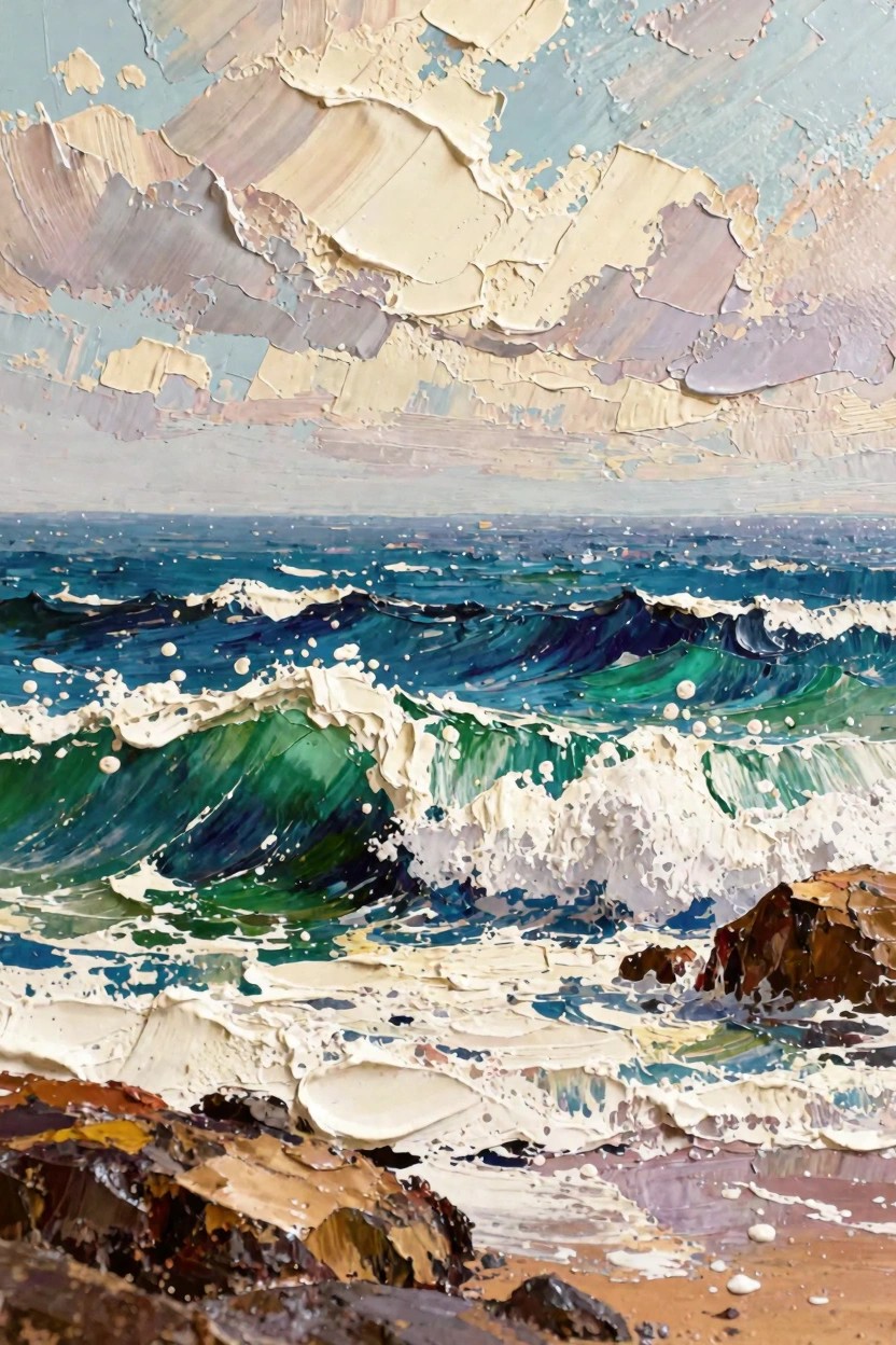 Acrylic painting of turquoise waves crashing on brown rocks under a cloudy sky with thick white impasto foam.