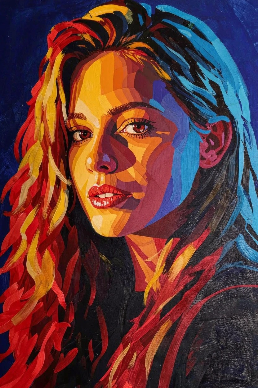 Close-up acrylic portrait of a woman with wavy multicolored hair in reds, oranges, yellows, and blues against a dark background.