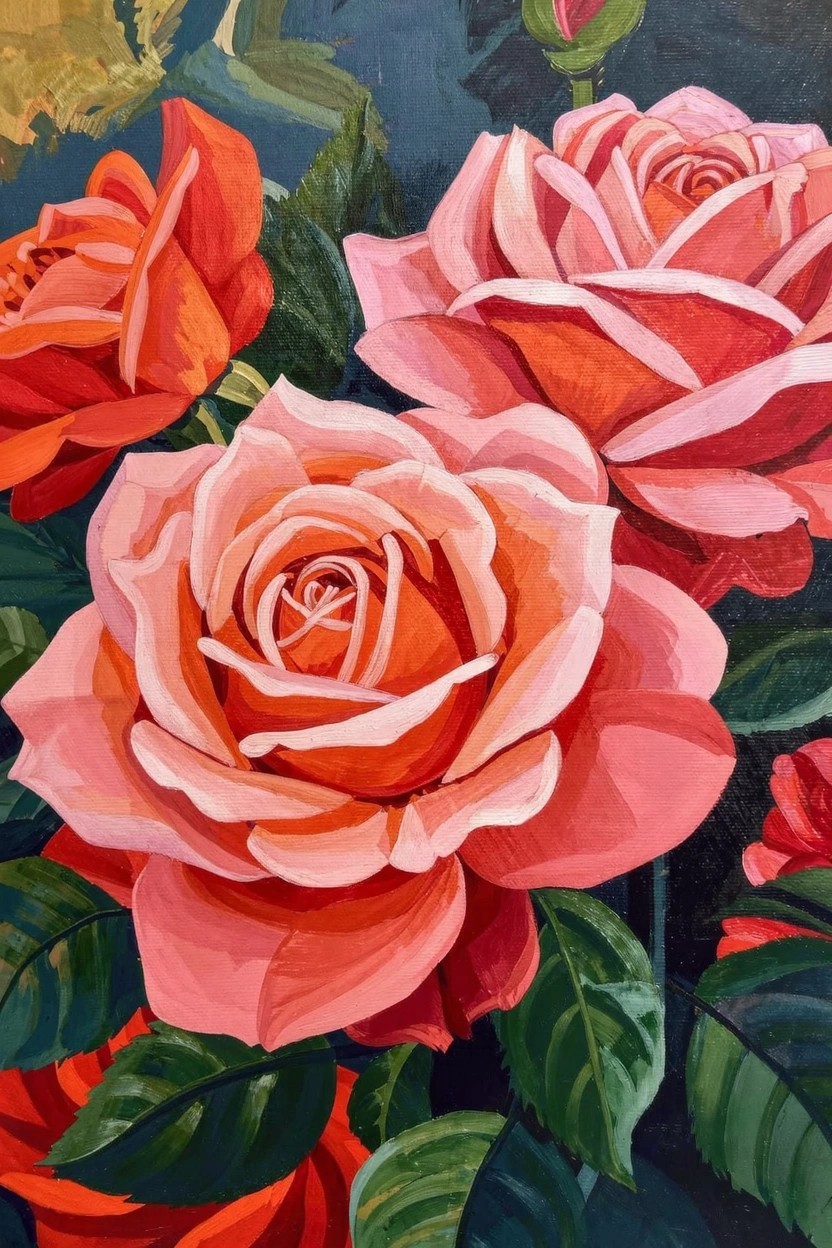 Acrylic painting of clustered pink and orange roses with green leaves against a dark teal background.