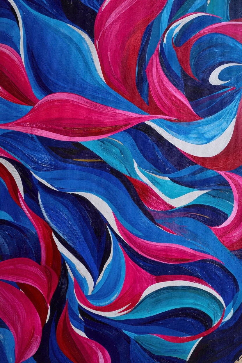Abstract acrylic painting featuring overlapping swirling shapes in shades of blue, pink, and white.