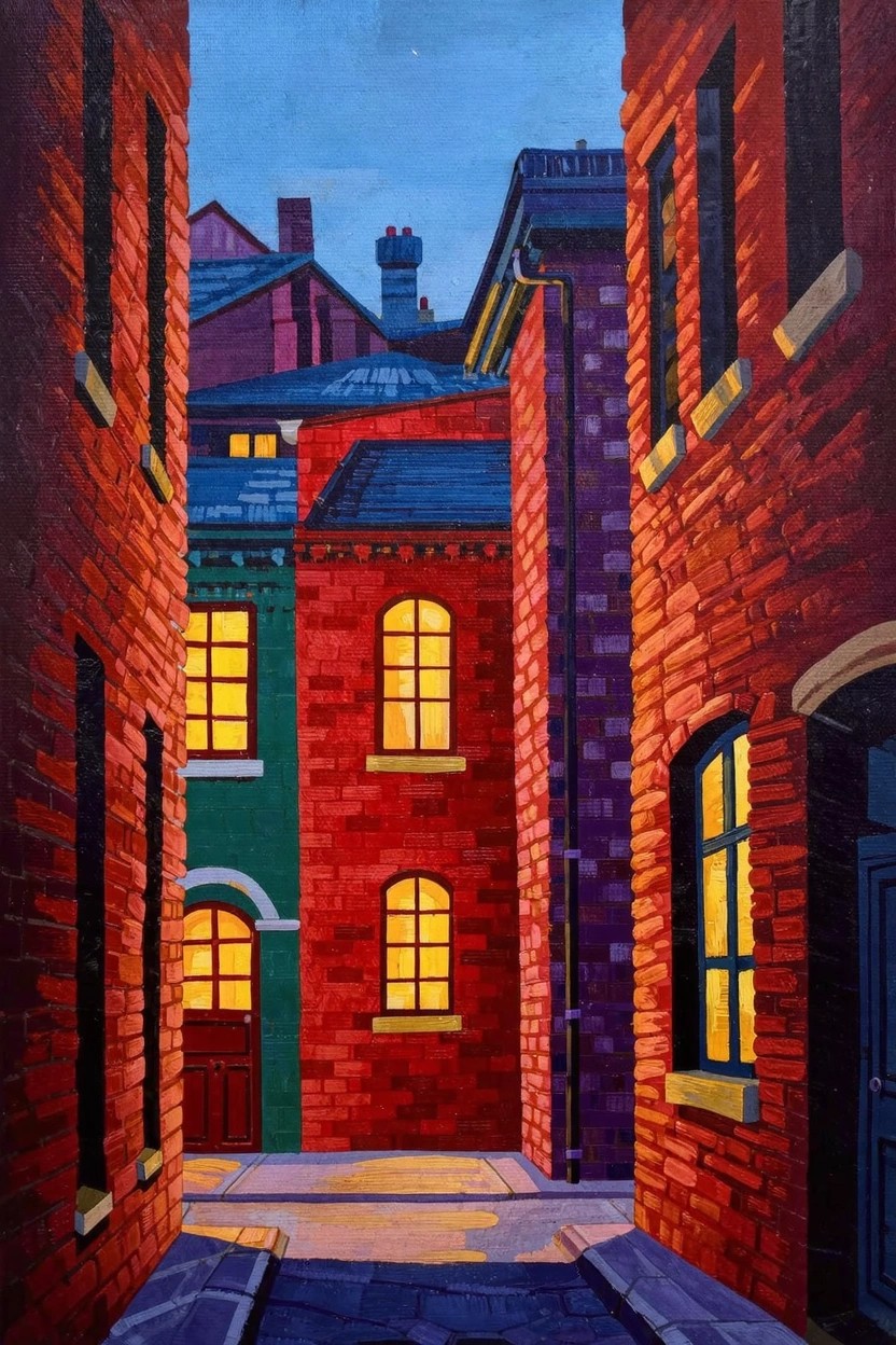 Acrylic painting of a narrow alley between tall brick buildings in bold reds, purples, and greens with yellow glowing windows at dusk.