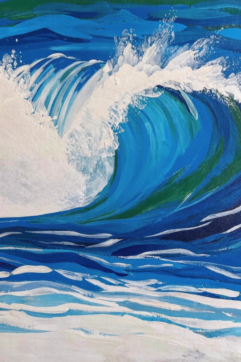 Acrylic painting of a large curling blue ocean wave with white foam cresting forward against a lighter background.