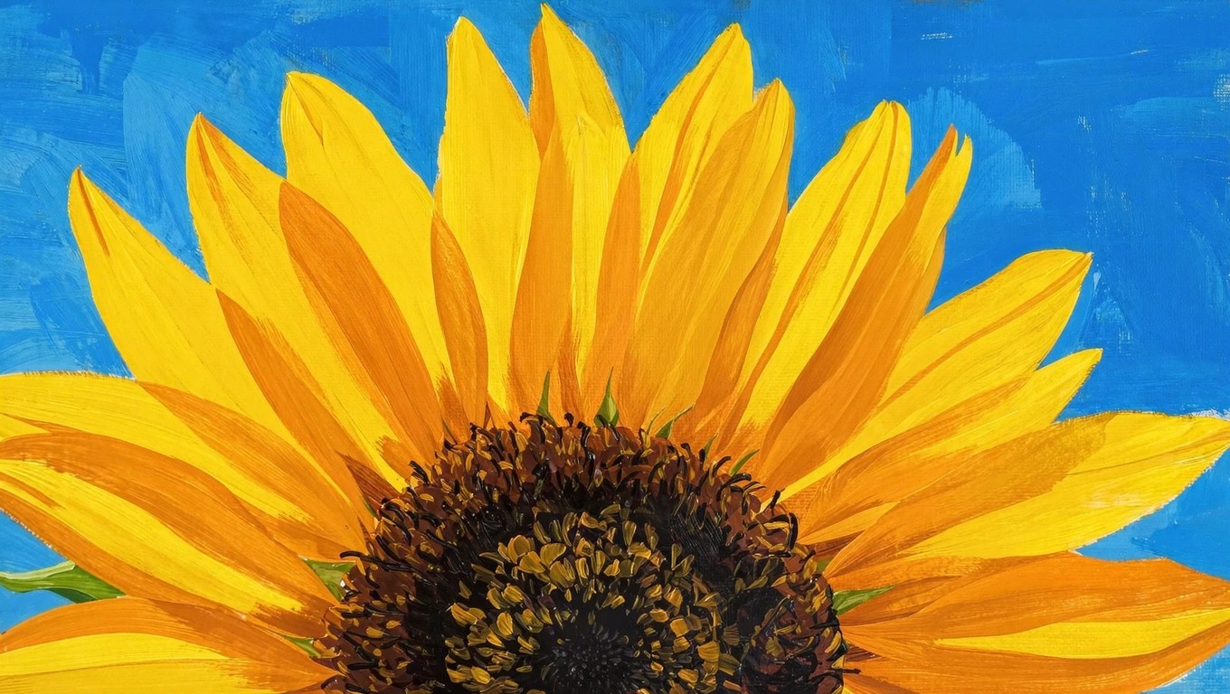 Acrylic painting of a yellow sunflower facing forward against solid blue background with visible brush strokes.