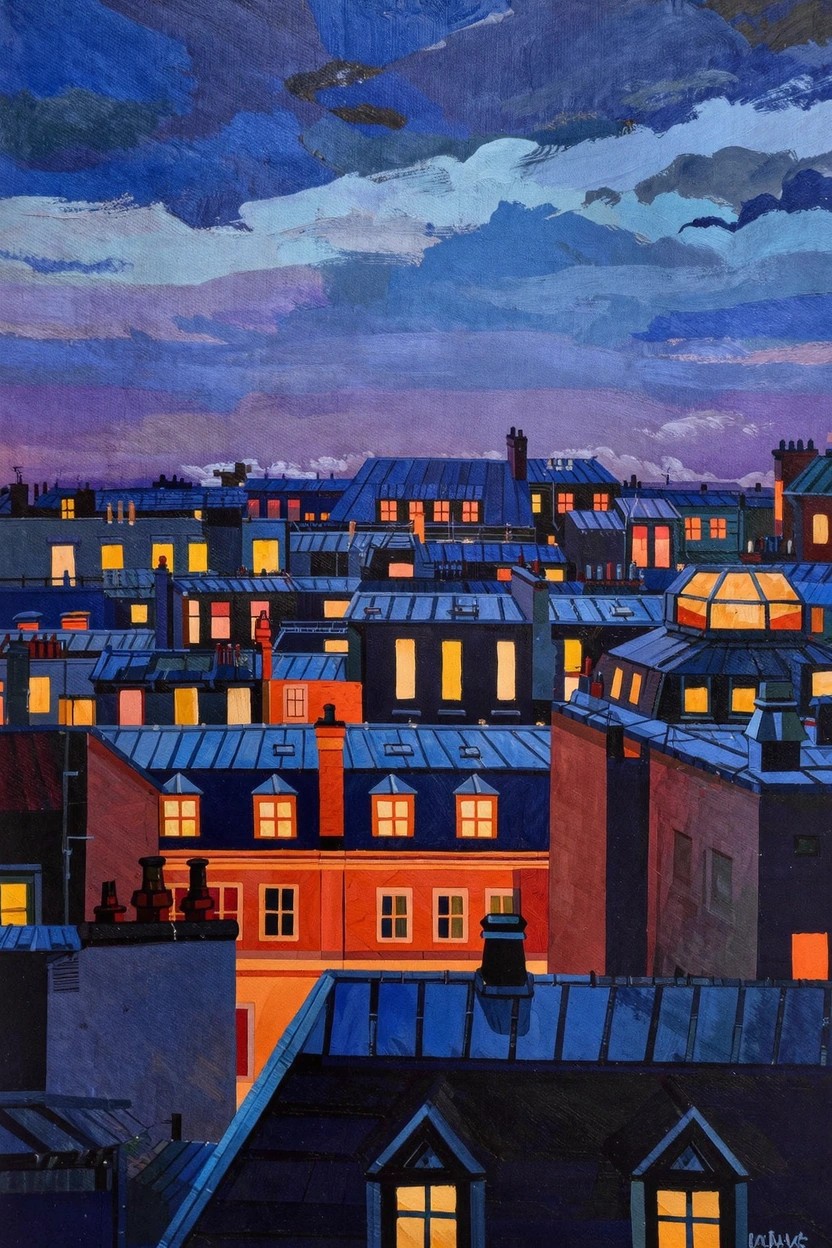 Acrylic painting of overlapping Parisian-style rooftops at twilight with warm yellow lights in windows against a deep blue-purple cloudy sky.