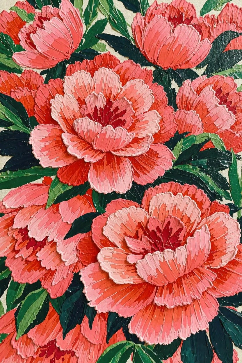 Acrylic painting of overlapping pink peony flowers and green leaves on a light background.