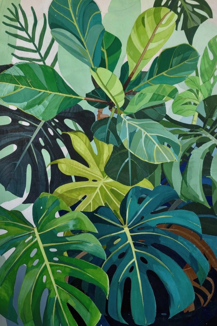 Acrylic painting of overlapping green monstera and other tropical leaves against a dark background.