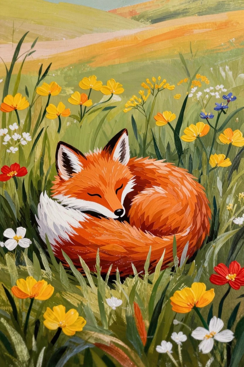 Acrylic painting of an orange fox curled asleep in green grass filled with yellow, red, white, and blue wildflowers, set against distant green and orange hills.