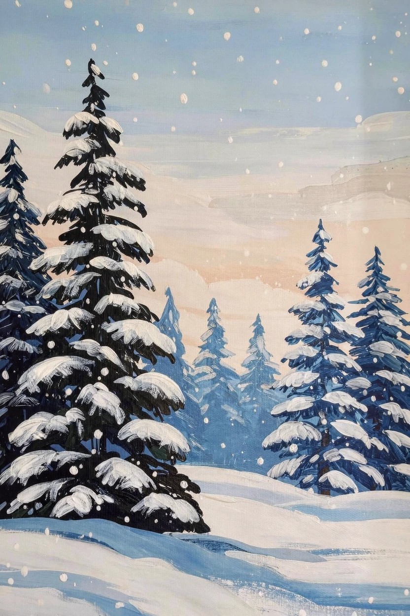 Acrylic painting of snow-covered pine trees in a winter landscape with falling snow, white ground, and a blue-to-orange gradient sky.