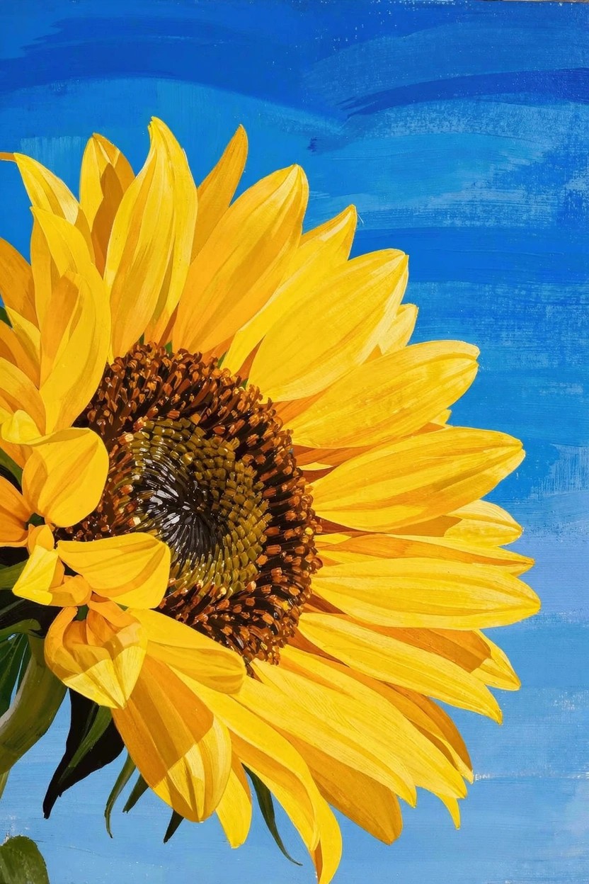 Acrylic painting of a yellow sunflower facing forward against solid blue background with visible brush strokes.