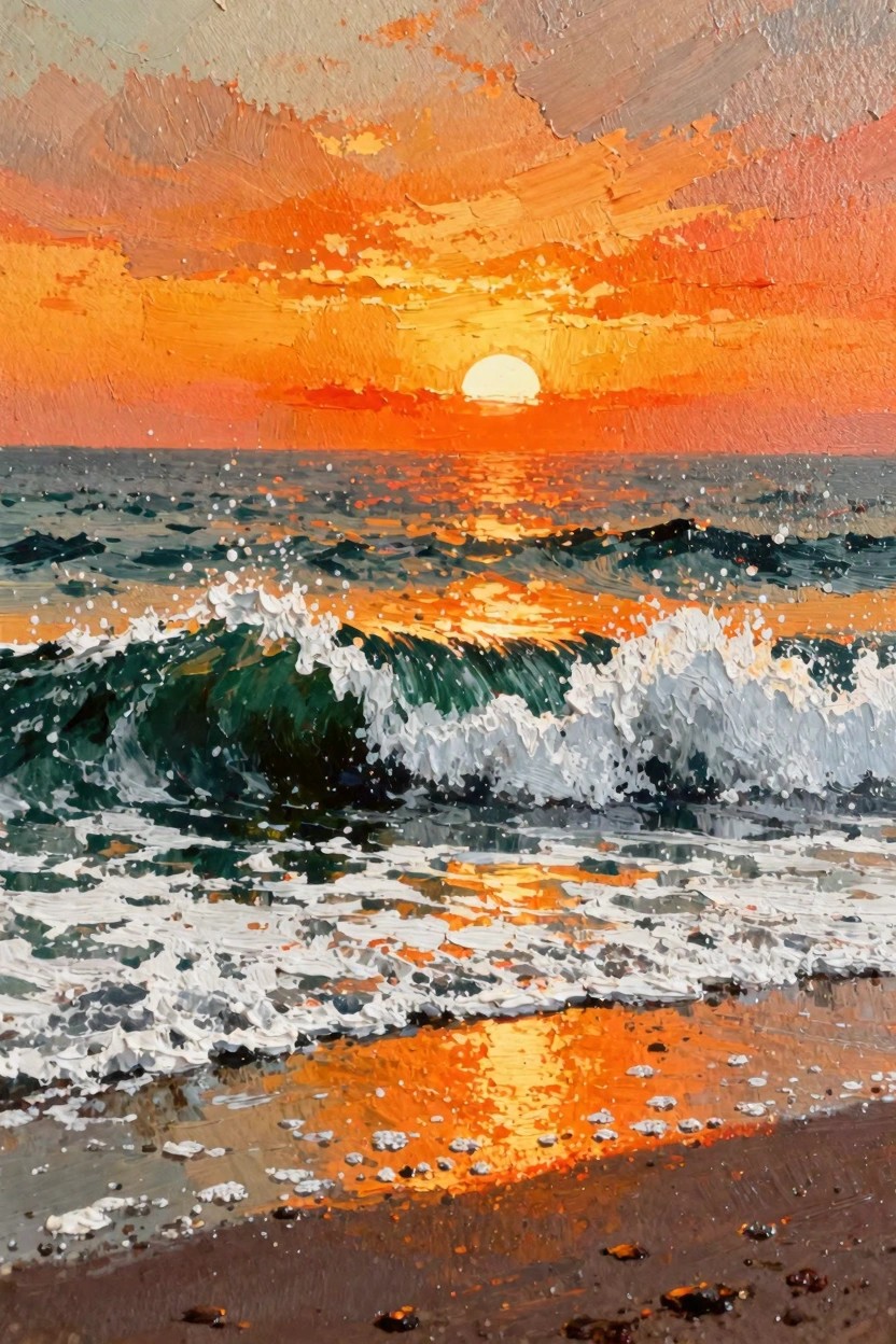 Acrylic painting of orange sunset over turquoise ocean waves on a pebbled beach with textured brushstrokes.
