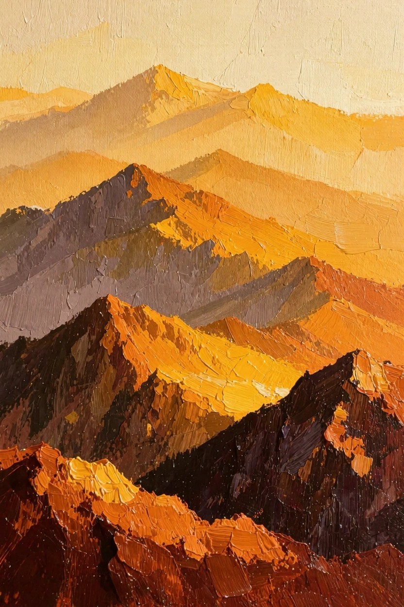 Textured acrylic painting of receding mountain layers in sunset colors from orange foreground to purple background.