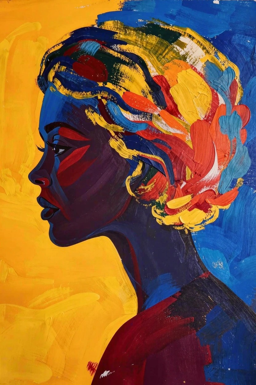 Acrylic painting of a dark-skinned woman's profile facing left, with multicolored abstract hair and a yellow-blue split background.