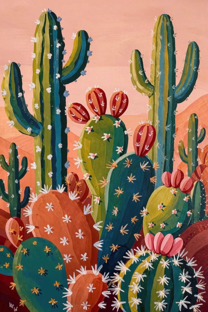 Acrylic painting of assorted spiny and flowering cacti in greens, teals, and reds against a pink-orange sunset background with distant hills.