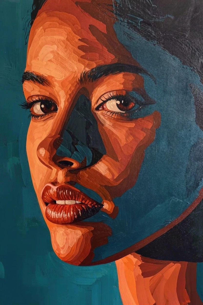 Close-up acrylic portrait of a woman's face with orange-red lit side contrasting teal shadowed side and visible brushstrokes.