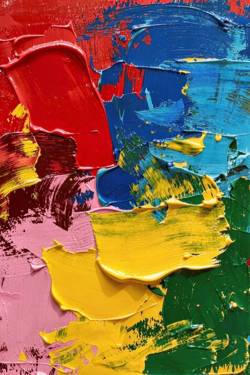 Abstract acrylic painting featuring vibrant overlapping blocks of red, blue, yellow, green, and pink with thick textured brushstrokes.