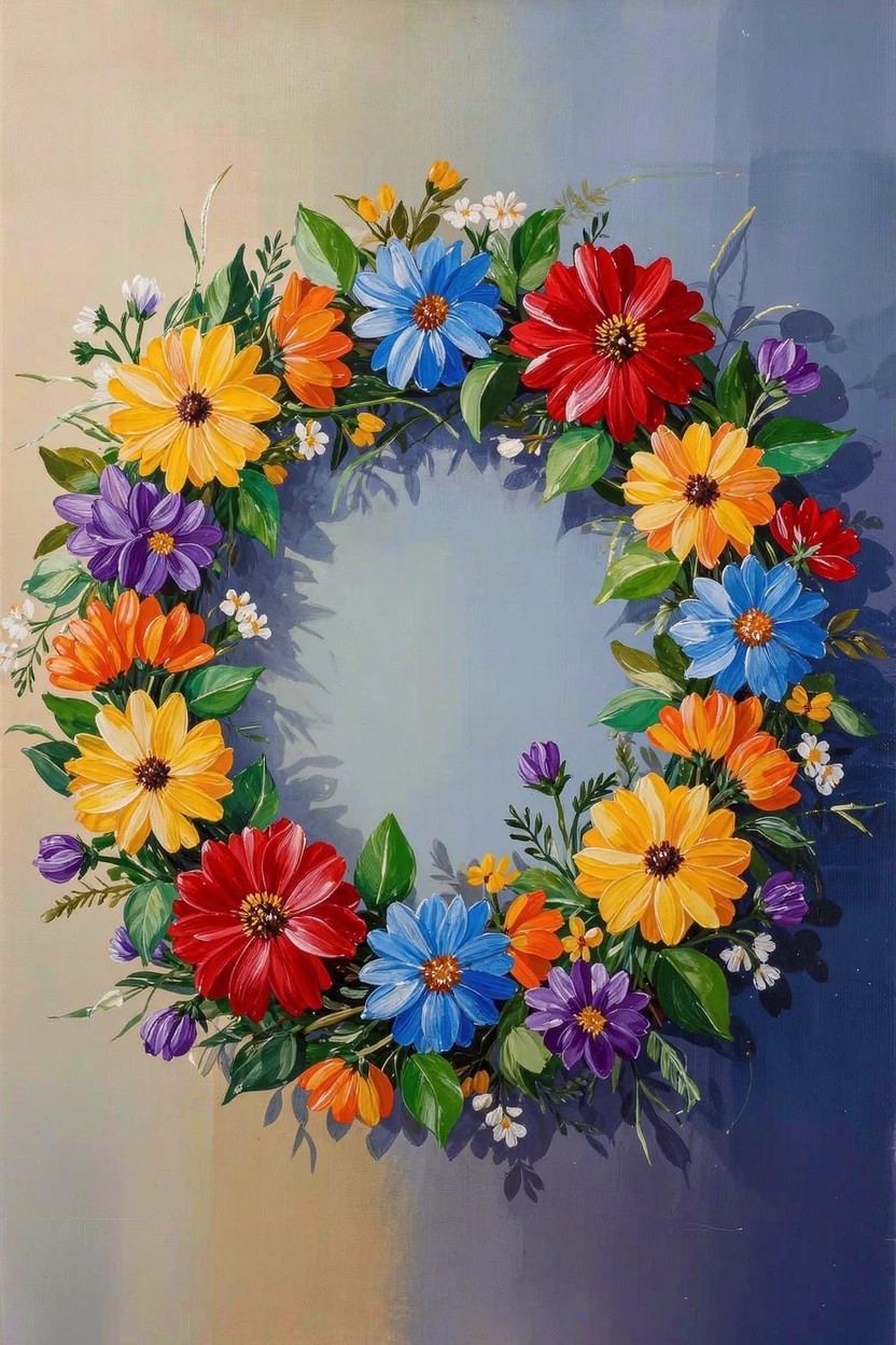 Acrylic painting of a circular wreath made from colorful daisies and flowers in yellow, orange, red, blue, and purple against a light gradient background.