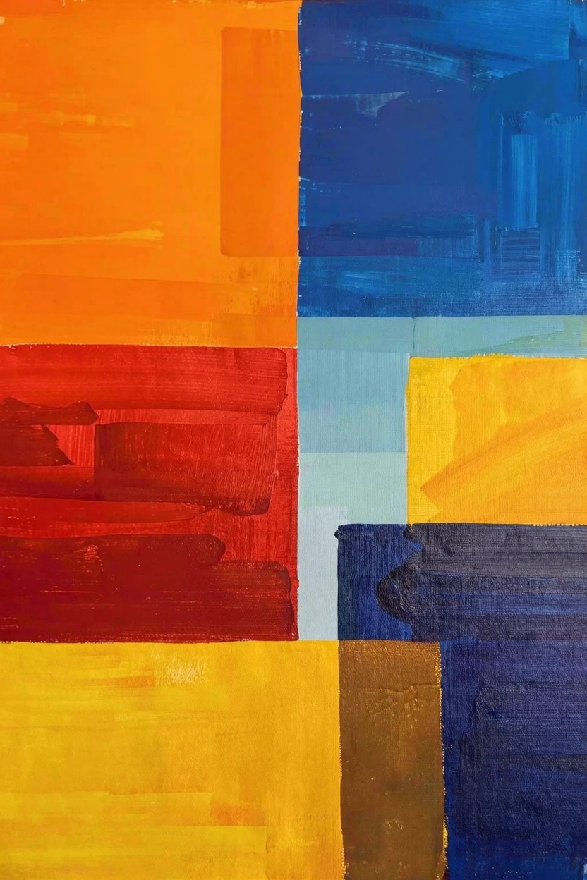 Abstract acrylic painting of overlapping rectangular color blocks in orange, red, yellow, blue, teal, and brown with visible brushstrokes.