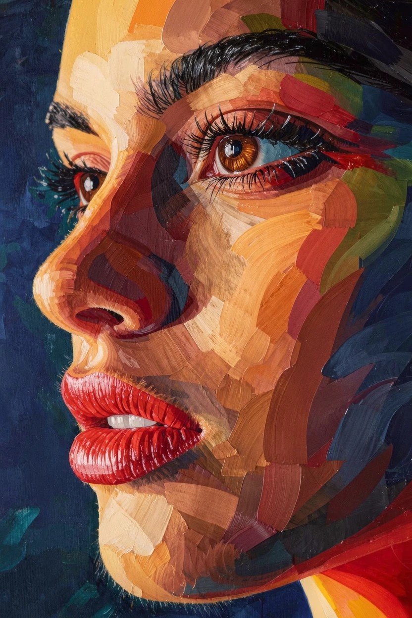 Acrylic portrait of a woman's profile face with thick, vibrant multicolored brushstrokes and high contrast lighting.