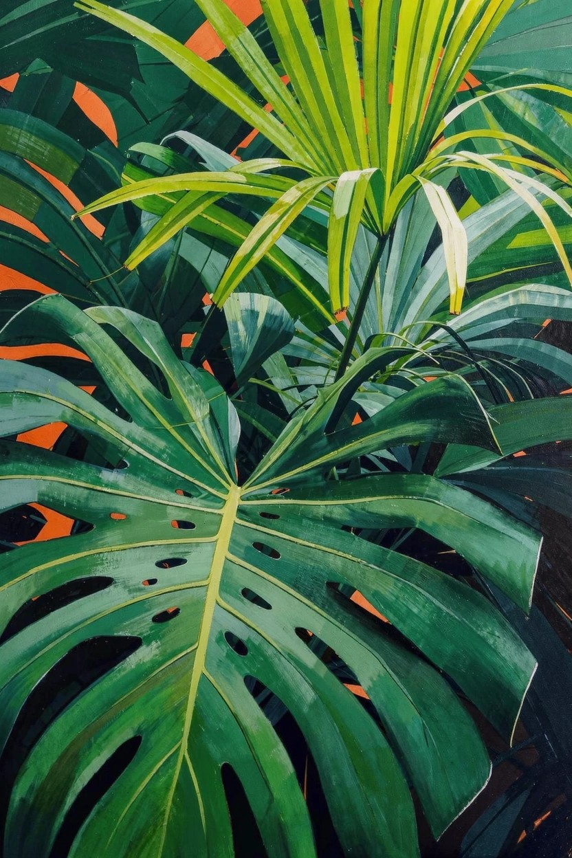 Close-up acrylic painting of overlapping green monstera leaves and palm fronds on an orange background.