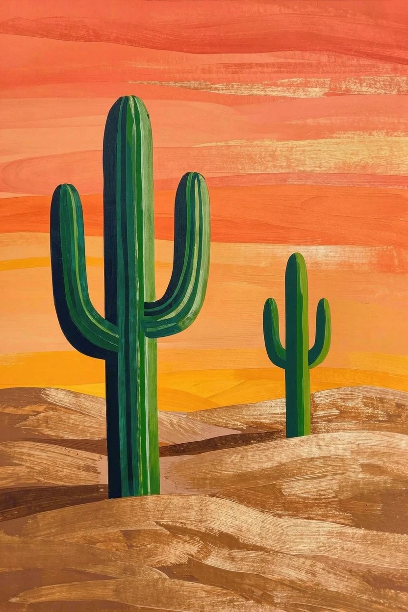 Acrylic painting of multiple green saguaro cacti silhouetted against a vibrant orange-pink sunset sky with gold accents and tan sand dunes.