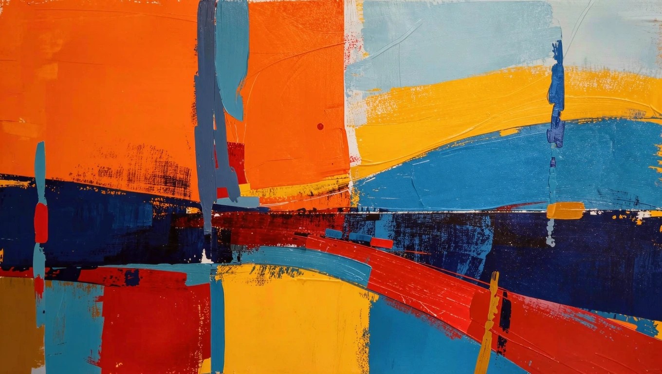 Acrylic painting of a rainbow curving across a blue sky with puffy white clouds and a pinkish lower horizon.