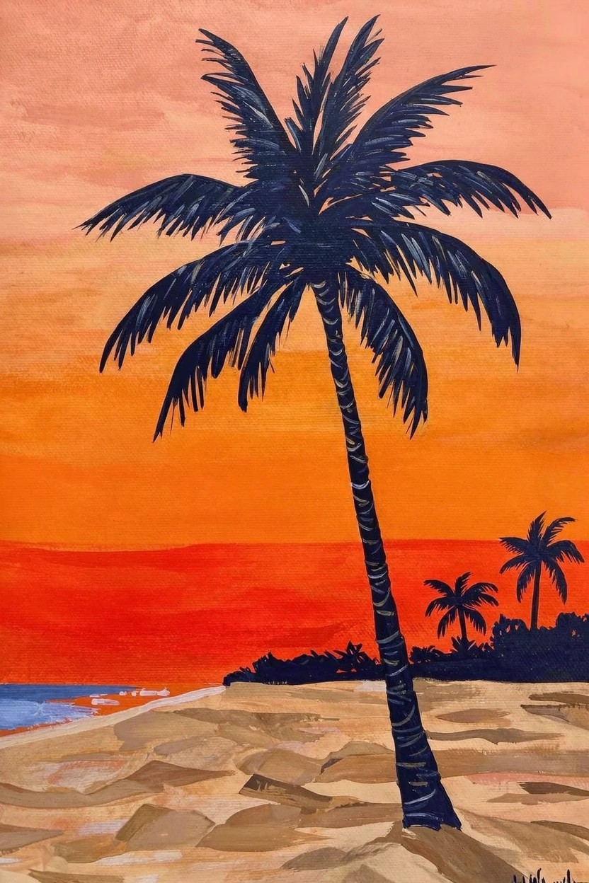 Black silhouette of a tall palm tree on a textured sandy beach against an orange-to-red sunset sky with ocean and distant palms.