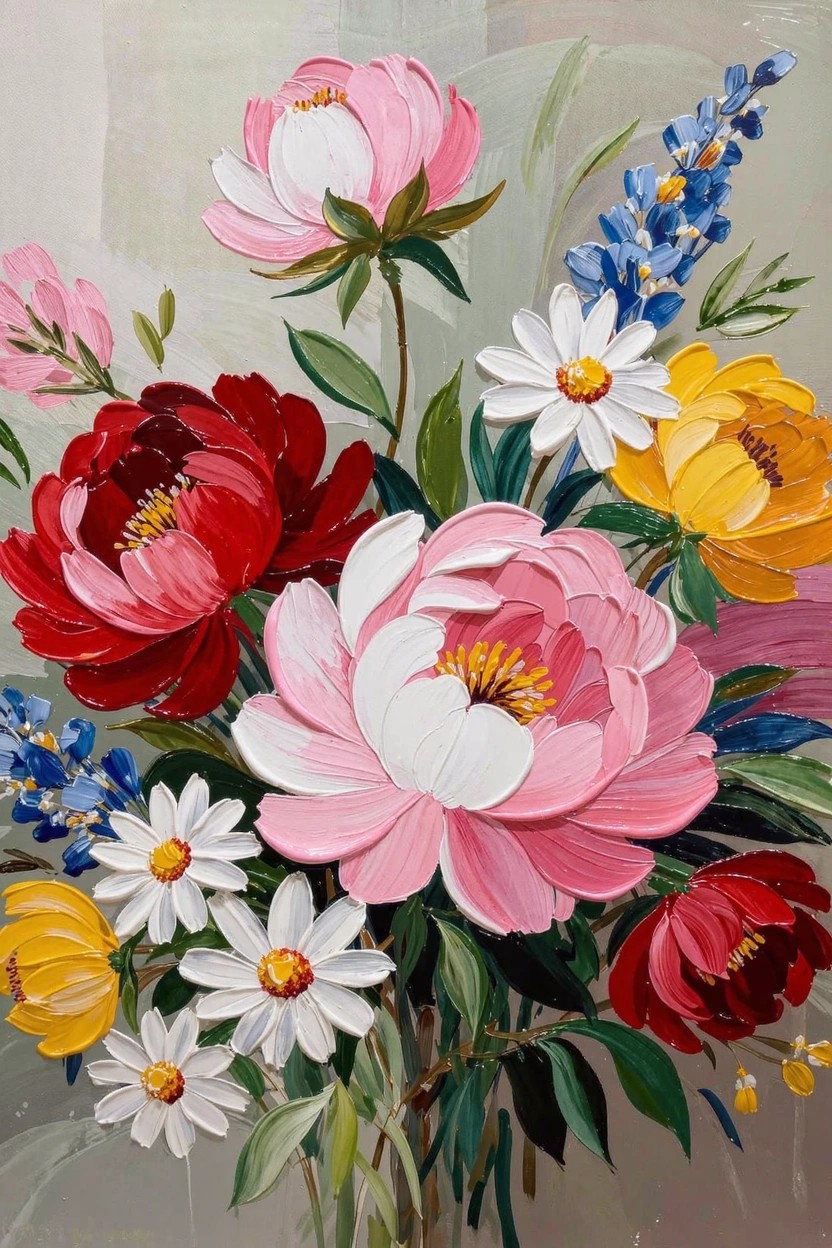Acrylic painting of a bouquet with pink, red, and white peonies, yellow flowers, white daisies, and blue spikes in a vase on a light background.