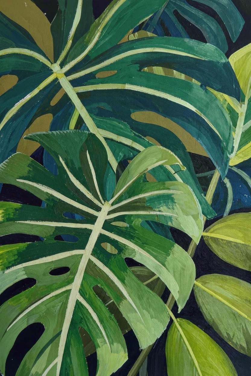 Acrylic painting of overlapping green monstera leaves with white veins against a dark background.