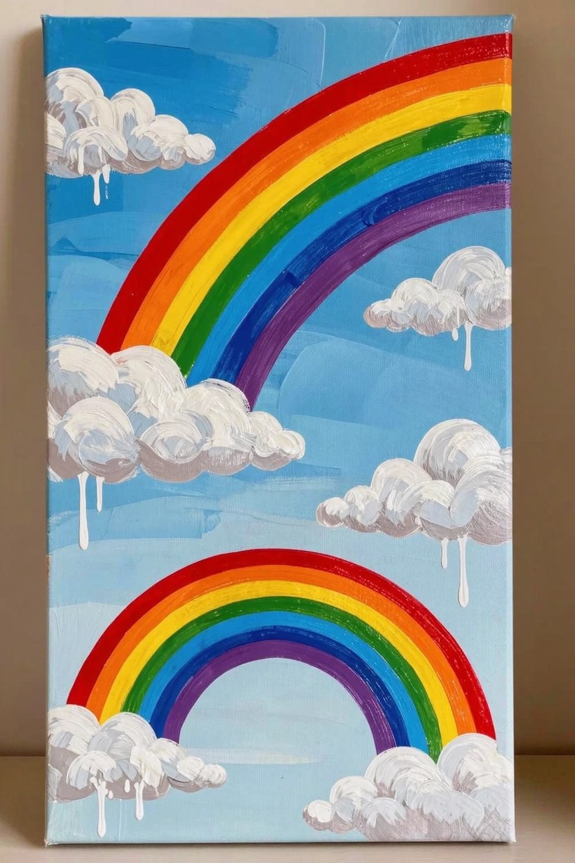 Acrylic canvas painting of a double rainbow in blue sky with fluffy white clouds dripping white trails from their bottoms.