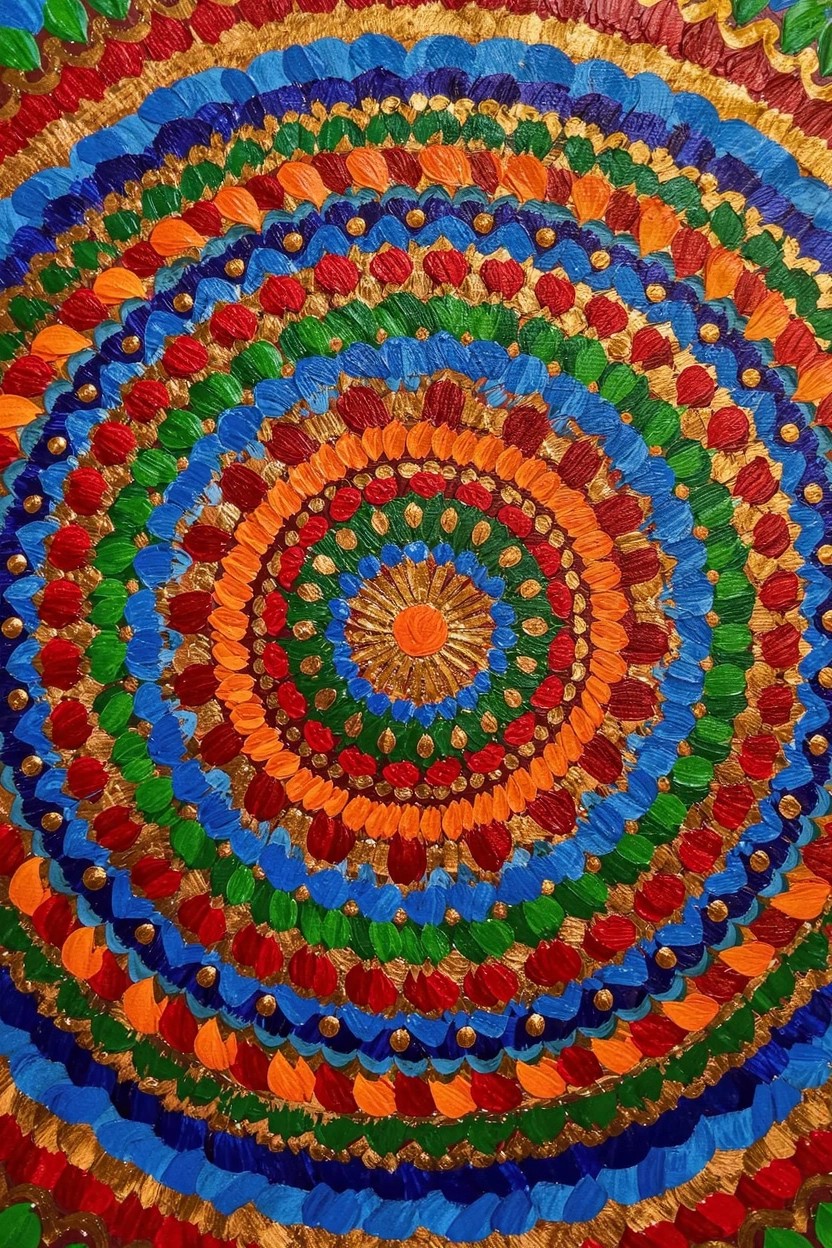 Circular acrylic painting with concentric rings of overlapping colorful leaf shapes in gold, orange, red, green, and blue on a textured background.