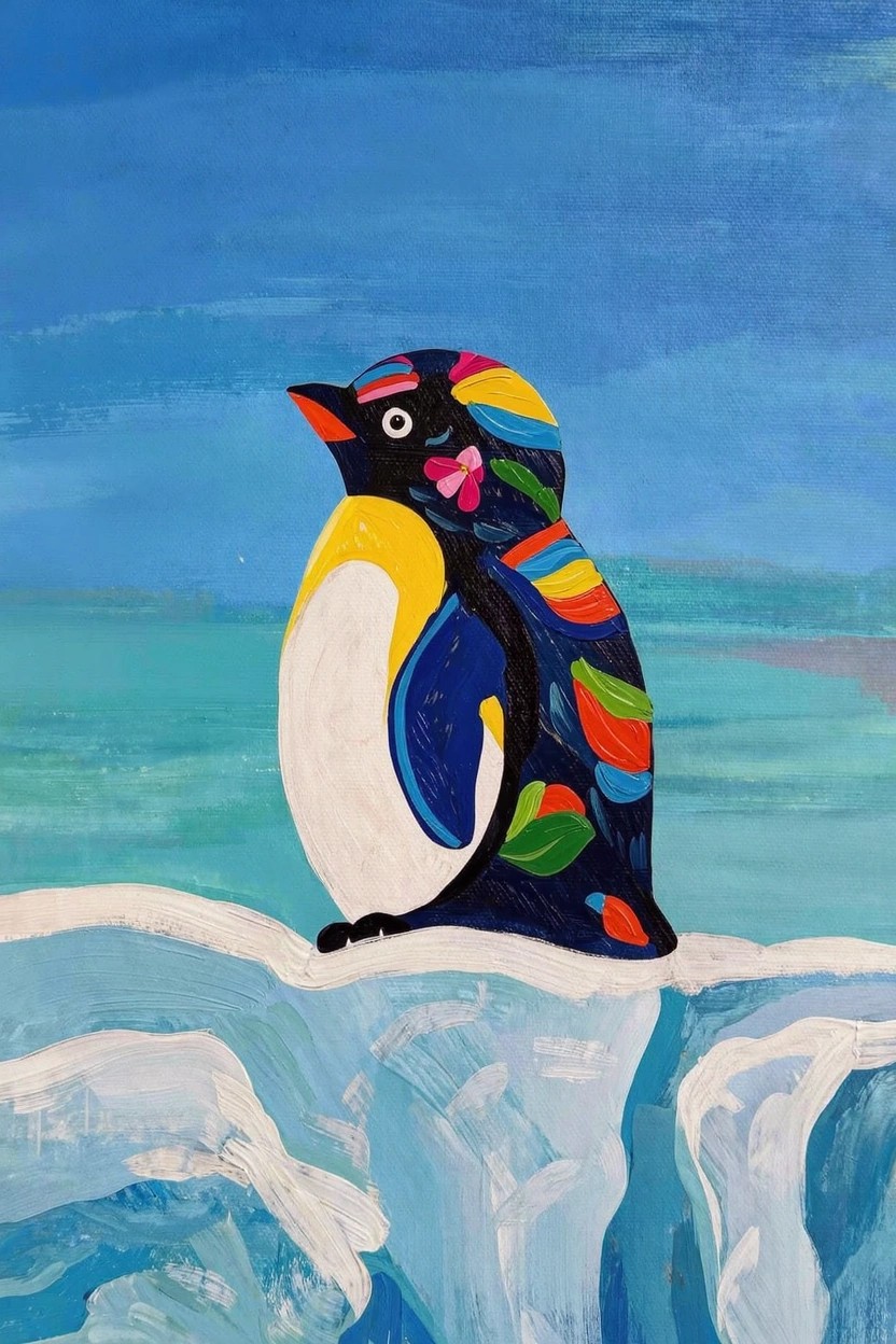Acrylic painting of a black-and-white penguin with a rainbow crest on its head, perched on white ice against a blue background.