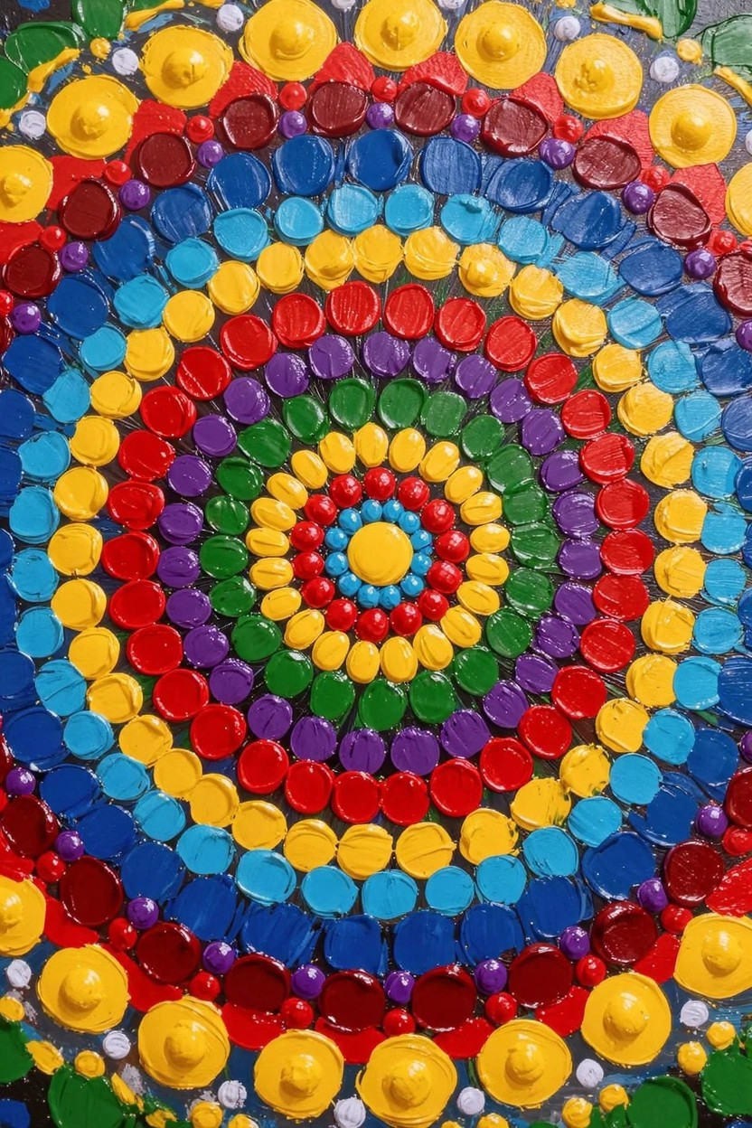 Circular abstract acrylic painting of multicolored raised dots in rainbow concentric rings on a dark background.