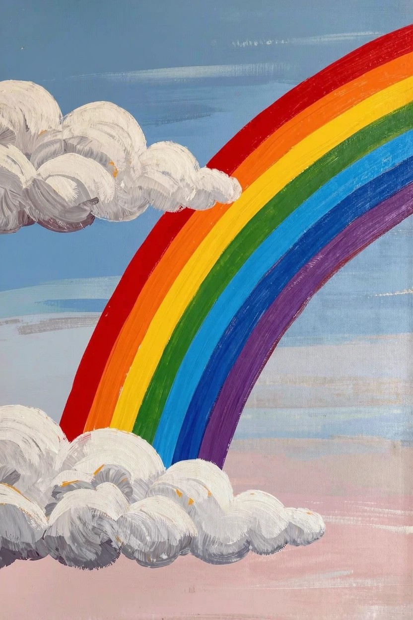 Acrylic painting of a rainbow curving across a blue sky with puffy white clouds and a pinkish lower horizon.