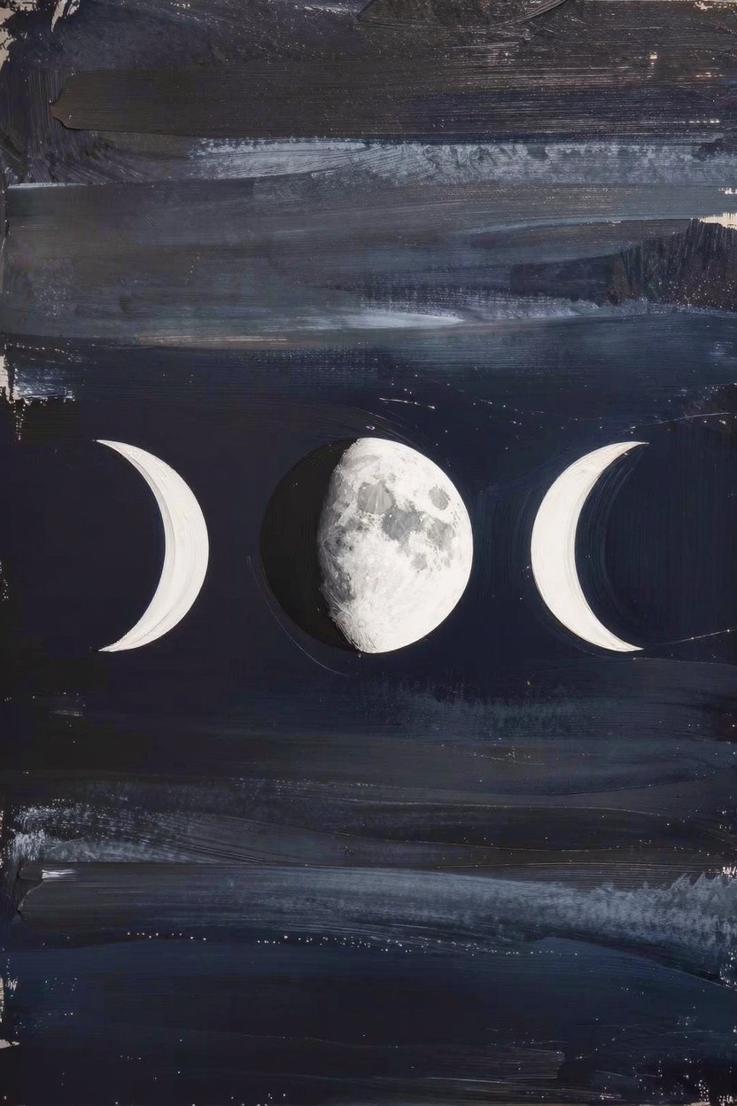 Acrylic painting featuring three white moon phases—two crescents on the sides and a shaded half moon in the center—aligned symmetrically on a textured dark blue-black background.