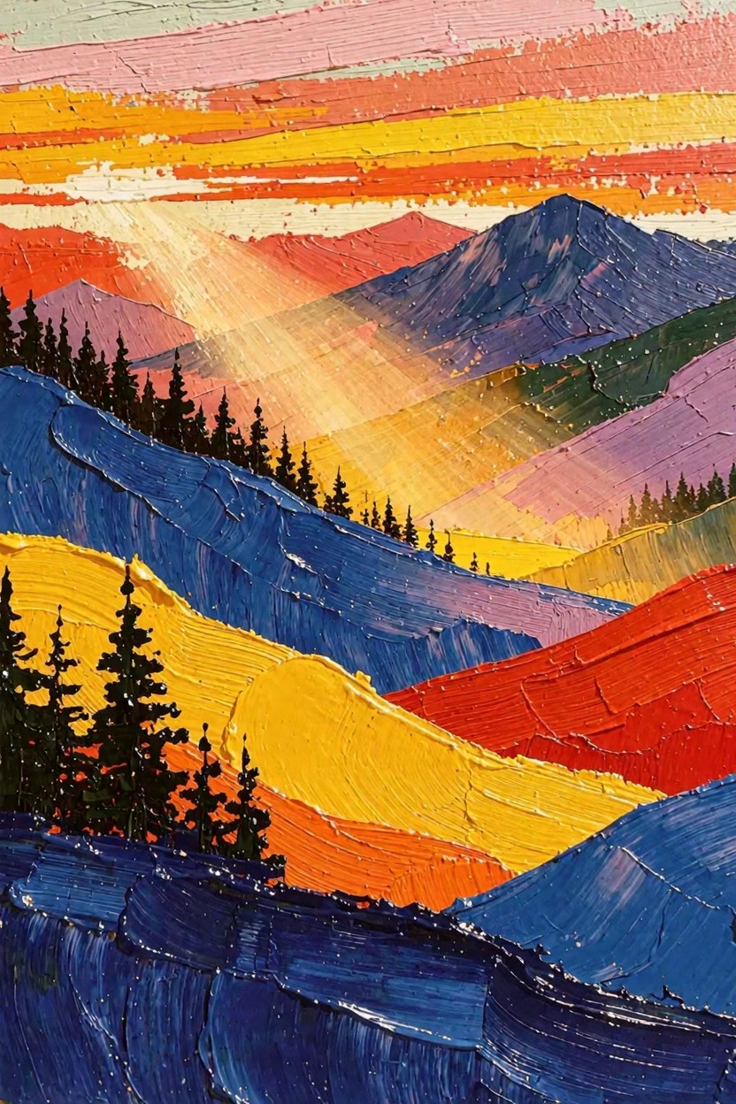 Vibrant impasto acrylic painting of sunset over textured, colorful mountains with pine trees and sun rays.